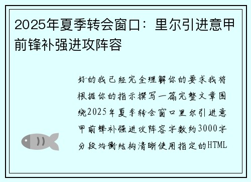 2025年夏季转会窗口：里尔引进意甲前锋补强进攻阵容